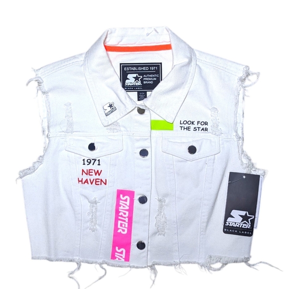 STARTER Tops - Starter Black Label | Crop White Denim Sleeveless Frayed Vest Women's Size Small